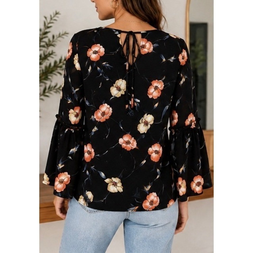 Womens Black Floral V-Neck Blouse Tiered Bell Sleeve Top - Picture 2 of 2